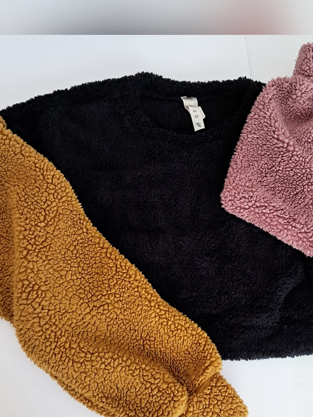 UO Crop Color Block Fuzzy Sweater, Black with Tan & Pink Sleeves, Meduim